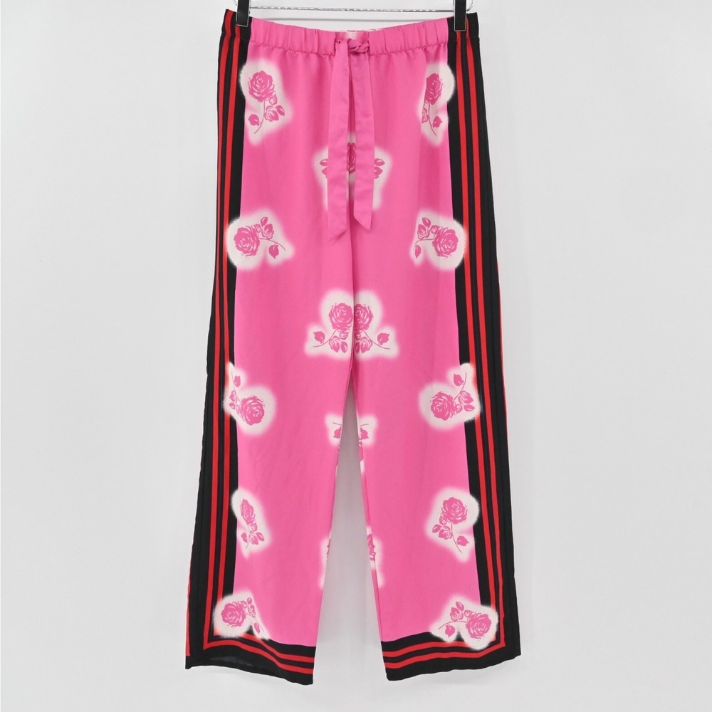 VICTORIAS SECRET Pajama Pants Womens Size S Pink Floral Stripe Wide Leg Satin